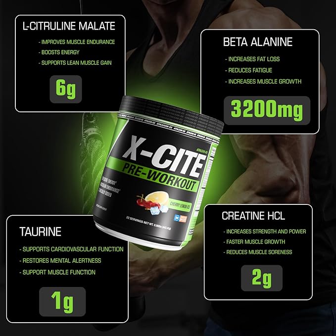 X-CITE Pre-Workout by ATHLEAN-X - Enhanced Formula with Beta-Alanine, Creatine & Caffeine for Ultimate Energy, Endurance, Focus & Muscle Pump, NSF Certified for Sports (22 Servings, Cherry Lemon Ice)