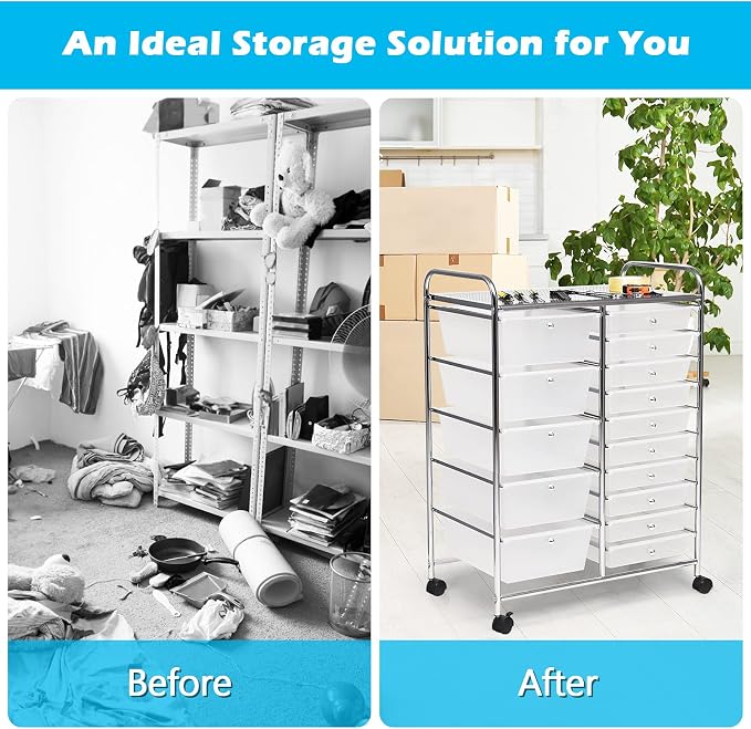 GOFLAME 15-Drawer Rolling Storage Cart, Craft Storage Cart with Removable Drawers & Lockable Wheels, Art Cart Supply Storage Organizer for Home Office Classroom, Clear