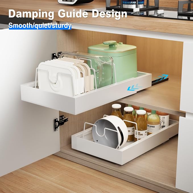 Mustorn 2 Pack Pull Out Cabinet Organizer with 8 Dividers,21.8" Deep Slide Out Drawers for Cabinets Adhesive Pull Out Drawers Heavy Duty Pull Out Shelves for Kitchen, Cupboard, Pantry, Bathroom-White