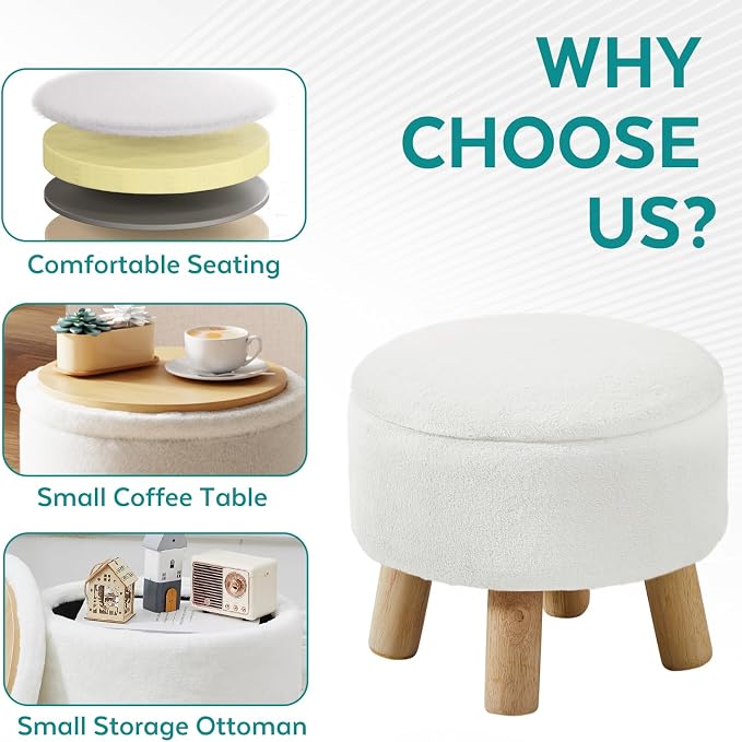 Small Foot Stool Ottoman with Storage, Soft Faux Fur Ottoman Foot Rest for Couch, Round Footstool with Storage, Small Ottomans and Footstools for Living Room and Entryway (White)