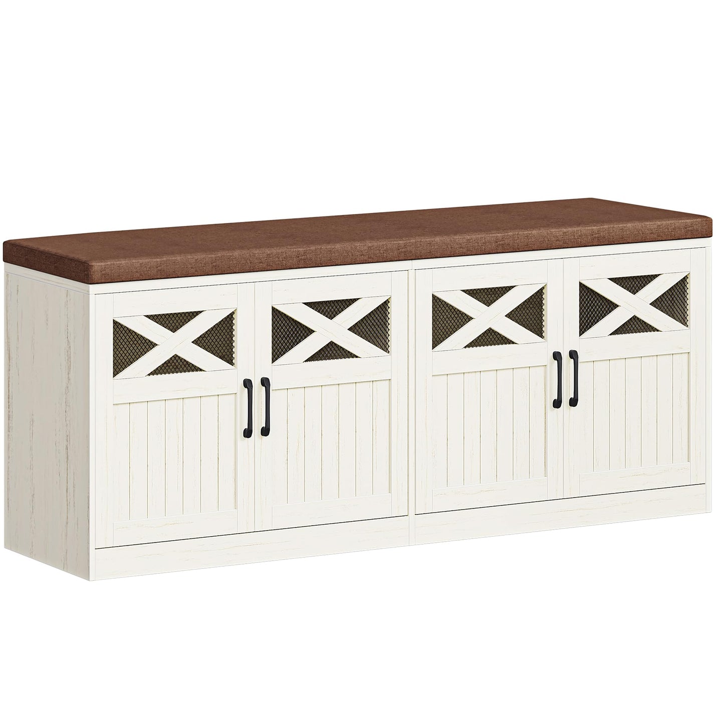 Hzuaneri 2 Tier Shoe Storage Bench with Doors, 47.2" Farmhouse Shoe Bench with Padded Cushion, 12 Pairs of Bed End Bench, Entryway Bench with Storage for Bedroom, Living Room, Rustic White SB61214KA