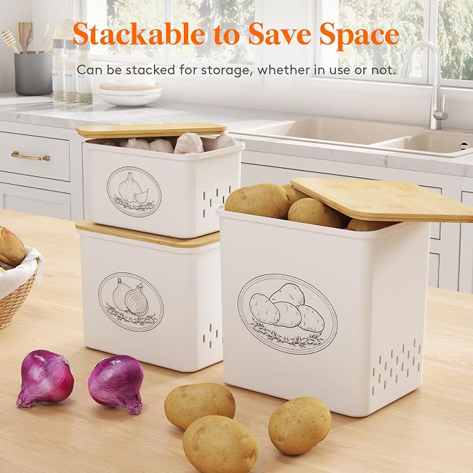 Lifewit Plastic Potato and Onion Storage Bin, Stackable Garlic Keeper with Aerating Holes and Lid, Vegetable Container Box for Pantry Countertop, White, 24 x 18 x 24 cm/9.5 x 7 x 9.5 inch, Set of 3