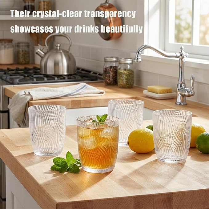 4 PCS Clear Acrylic Drinking Cups Reusable, Plastic Drinking Glasses, Acrylic Glasses Drinkware Stackable, Unbreakable Water Tumblers, Premium Textured, BPA Free, Dishwasher Safe, 330 ml/11.2 oz