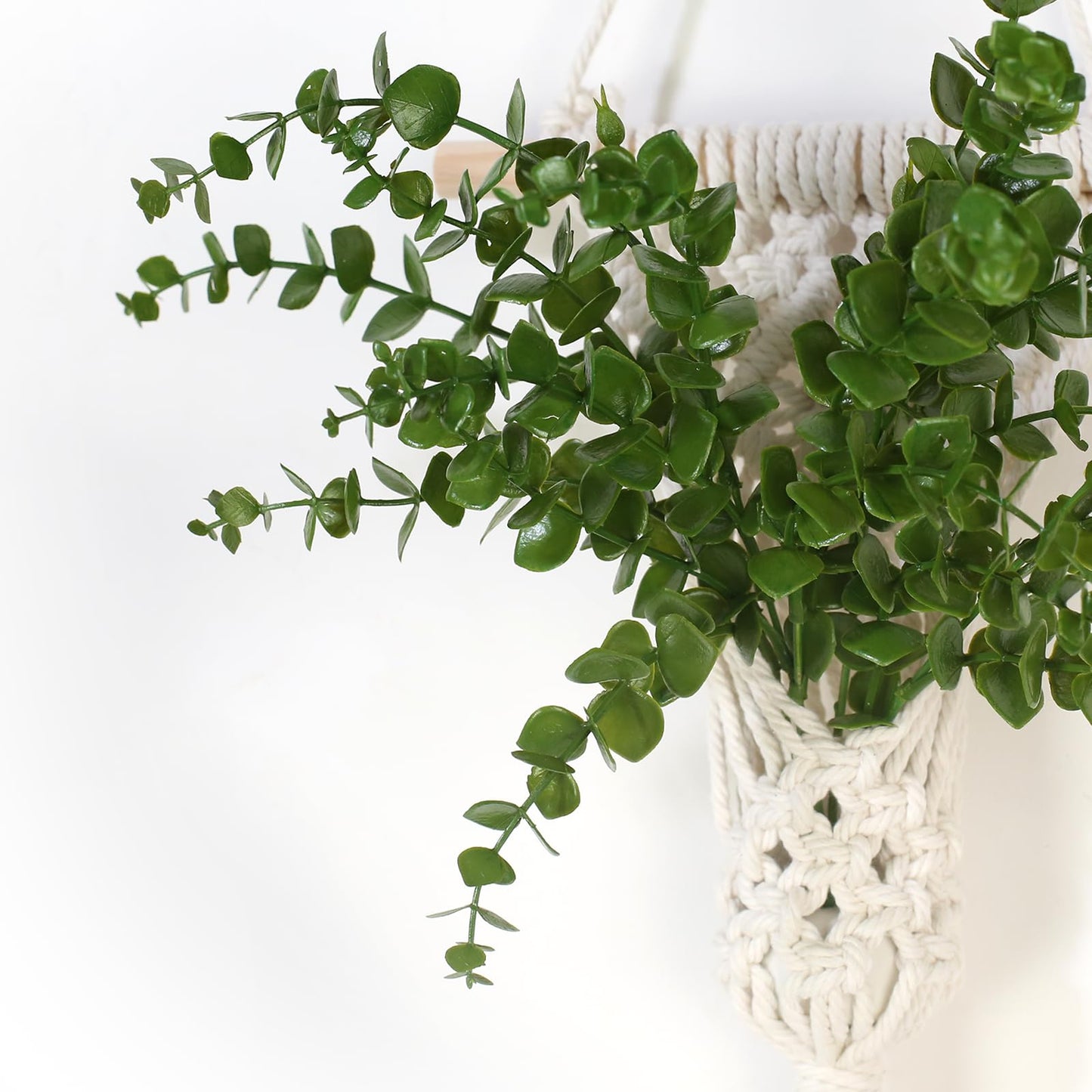 UBOSU Macrame Wall Hanging Plants with LED Lights, White Cotton Rope, Wooden Dowel, Boho Woven Plant Holders with Artificial Eucalyptus Leaves, wall Decor, Set of 2 (Green)