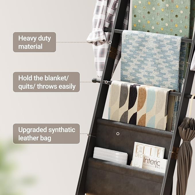 ELYKEN Blanket Ladder for Living Room, 5-Tier Wooden Towel Rack with Synthetic Leather Pocket, 4 Removable Hooks, Decorative Leaning Ladder Shelf for Bedroom, Black