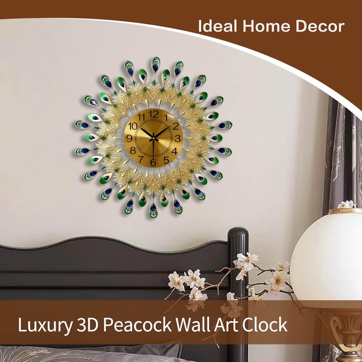 LIYUANSI Large Peacock Wall Clock,Non-Ticking Silent Creative Personality Modern Art Decorative Wall Clocks,for Living Room Bedroom Dining Room Decor,Dia 20 inch