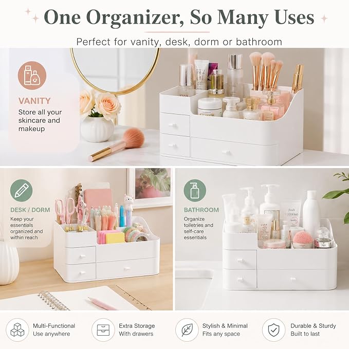 Makeup Organizer Tween Girls Gifts,Large Capacity Bathroom Organizer and Storage with Drawers Trendy Stuff ,Vanity,Bathroom Countertop,Bedroom Storage for Skincare,Cosmetics,Perfume,Brushes,Eyeshadow