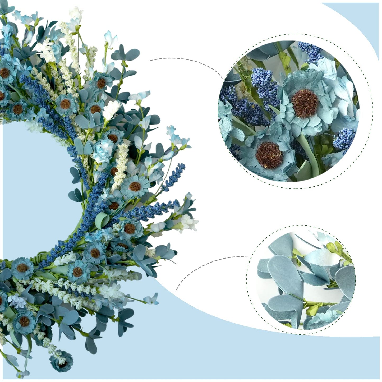 Bibelot 22 Inch Spring Wreath Blue with Green Leaves Wreaths Blue Daisy Artificial Grains White Flower Wreath for Front Door Wreaths,Farmhouse Decor Indoor&Outdoor Wedding Wall Home Decor