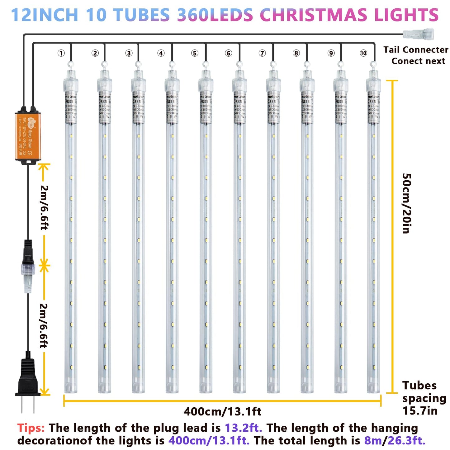 Roytong Christmas Meteor Shower Lights Outdoor - 12 Inch 10 Tube 360 LED High Brightness Falling Rain Icicle Cascading Lights for Xmas Tree Eaves Patio Decor (Can Connect 100 Sets)