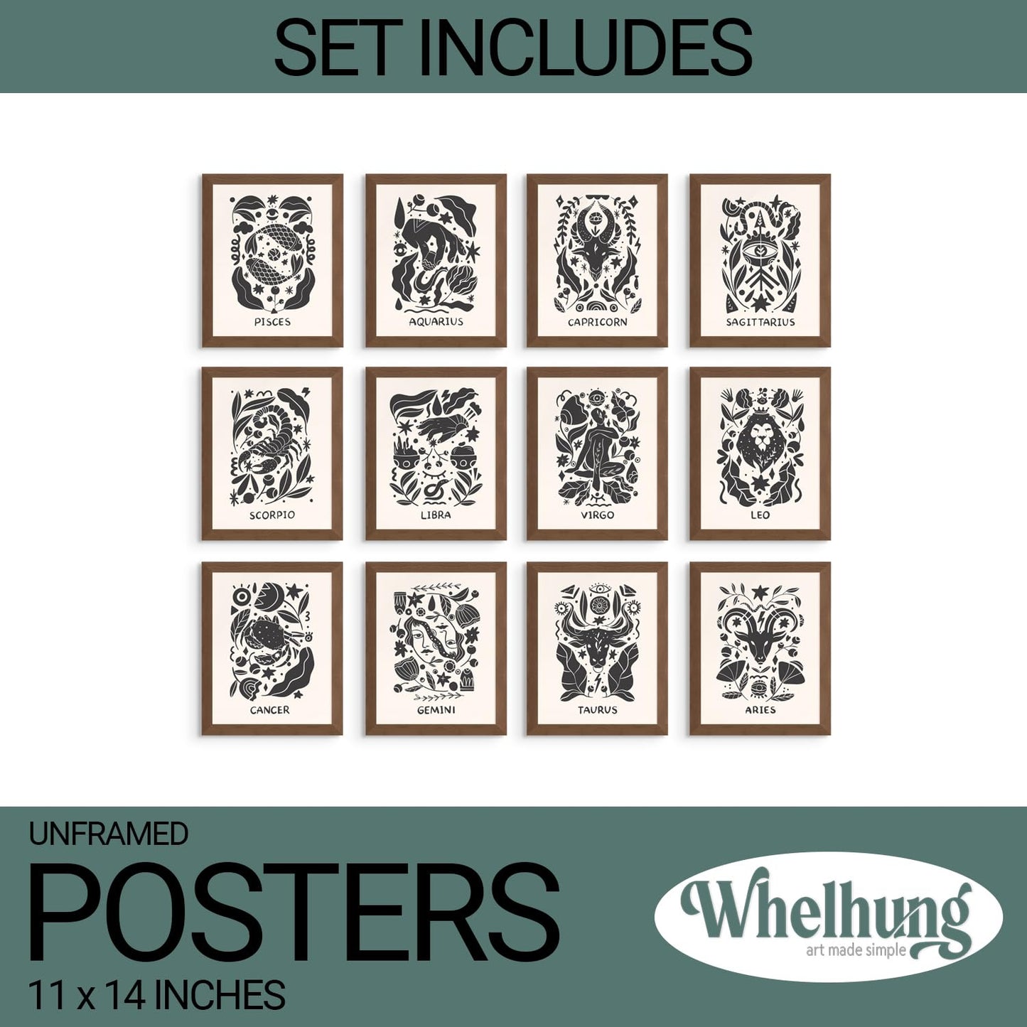 Everyday Designs Zodiac Wall Art - Scandinavian Astrology Decor, Celestial Wall Art, Zodiac Signs, Constellation Poster, Celestial Decor, Horoscope Posters - Unframed Set of 12 (11x14”) Prints