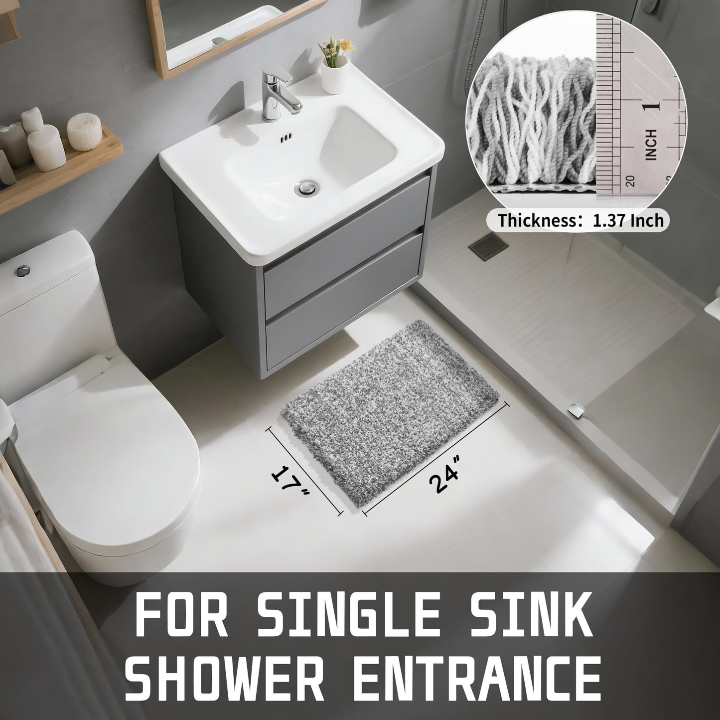 Yimobra Bathroom Rugs Non Slip Washable, Ultra Soft and Water Absorbent Bath Mats, Fluffy Shower Mat Outside, Plush Matts for Bathroom Floor/Sink, 24x17, Home Decor Accessories, Light Gray and White