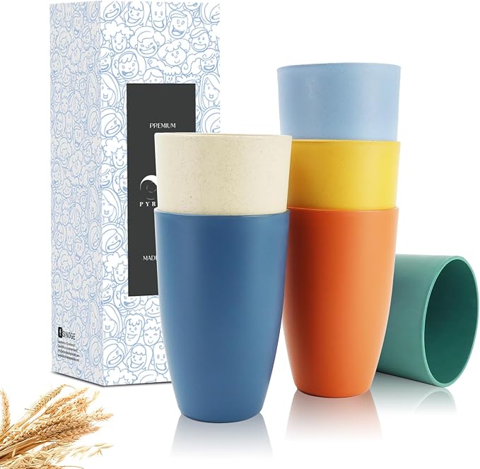 PYRMONT Wheat Straw Cups 20 Oz Alternative Plastic Cups Set of 6 Unbreakable Big Cups for Kitchen Dishwasher & Microwave Safe Large Water Cups for Kitchen,Camping,RV Stackable-Colorful