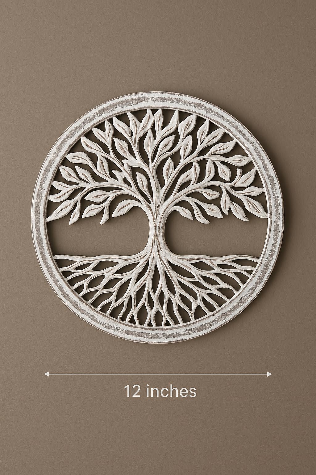 Wooden White Wash Tree of Life Wall Art Panel – 12 Inch Round Wood Carved Wall Hanging Sculpture | Indoor Outdoor Tree of Life Altar Panel Home & Office Wall Décor