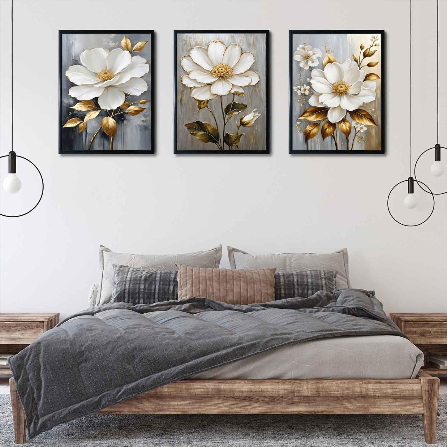 3Pcs White Flower Gold Leaf Canvas Wall Art Modern Plants Flowers Painting Decor Pictures Neutral Floral Bloom Posters Prints for Office Living Room Bathroom Bedroom Decoration No Frames