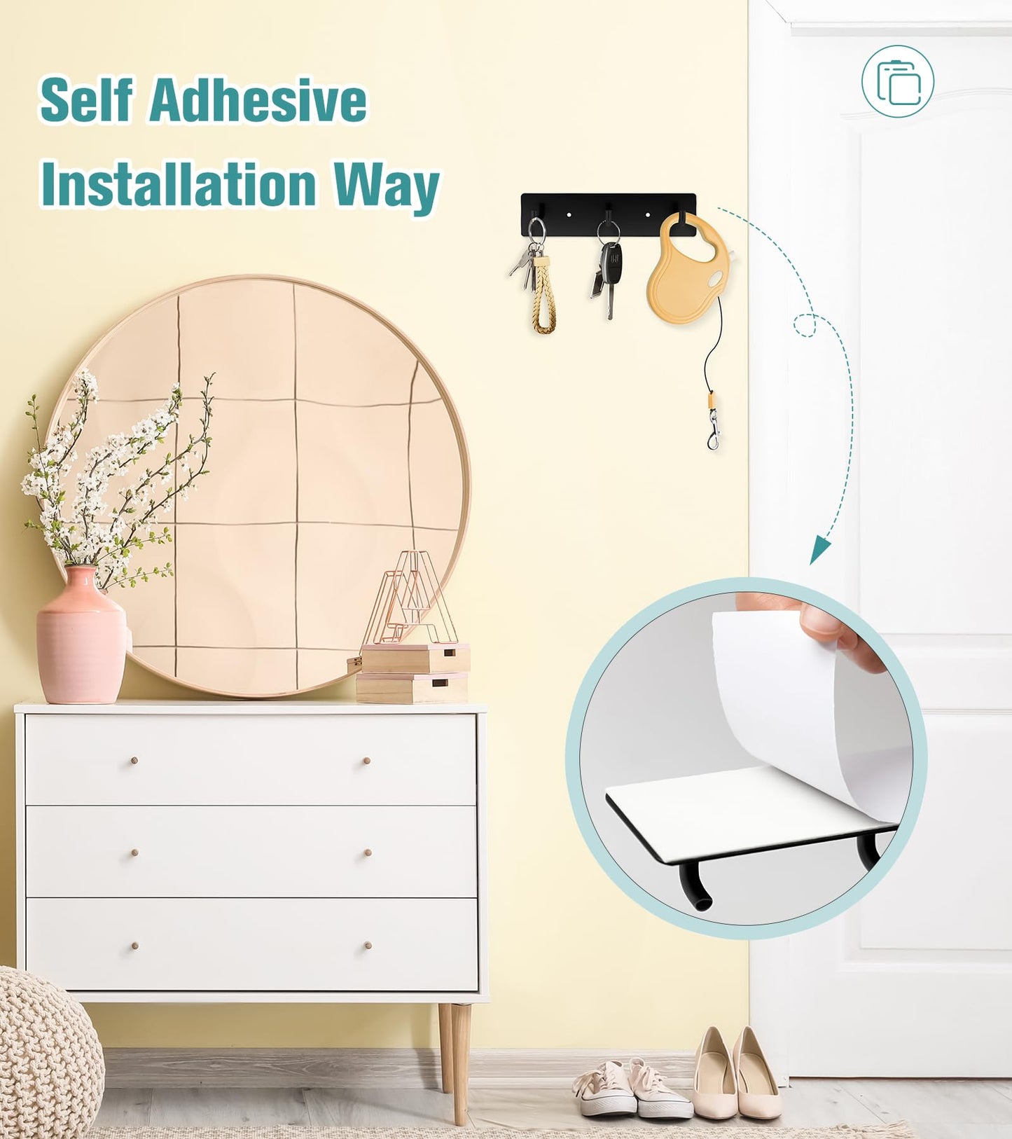 RELBRO Key Holder Wall Mount, Small Metal Self Adhesive Key Rack with 3 Hooks, 2 Installation Options, Black