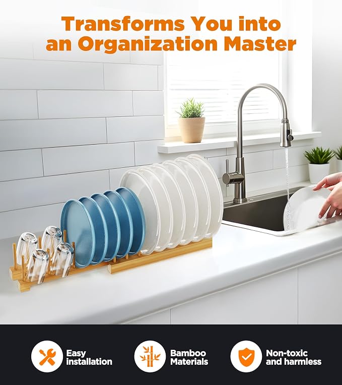 Bamboo Dish Drying Rack Set of 2, Adjustable Plate Organizer for Cabinet, Space-Saving for Plates, Bowls, Cups, Pot Lids & Cutting Boards, Vertical Bamboo Plate Holder Rack Dish Organizer