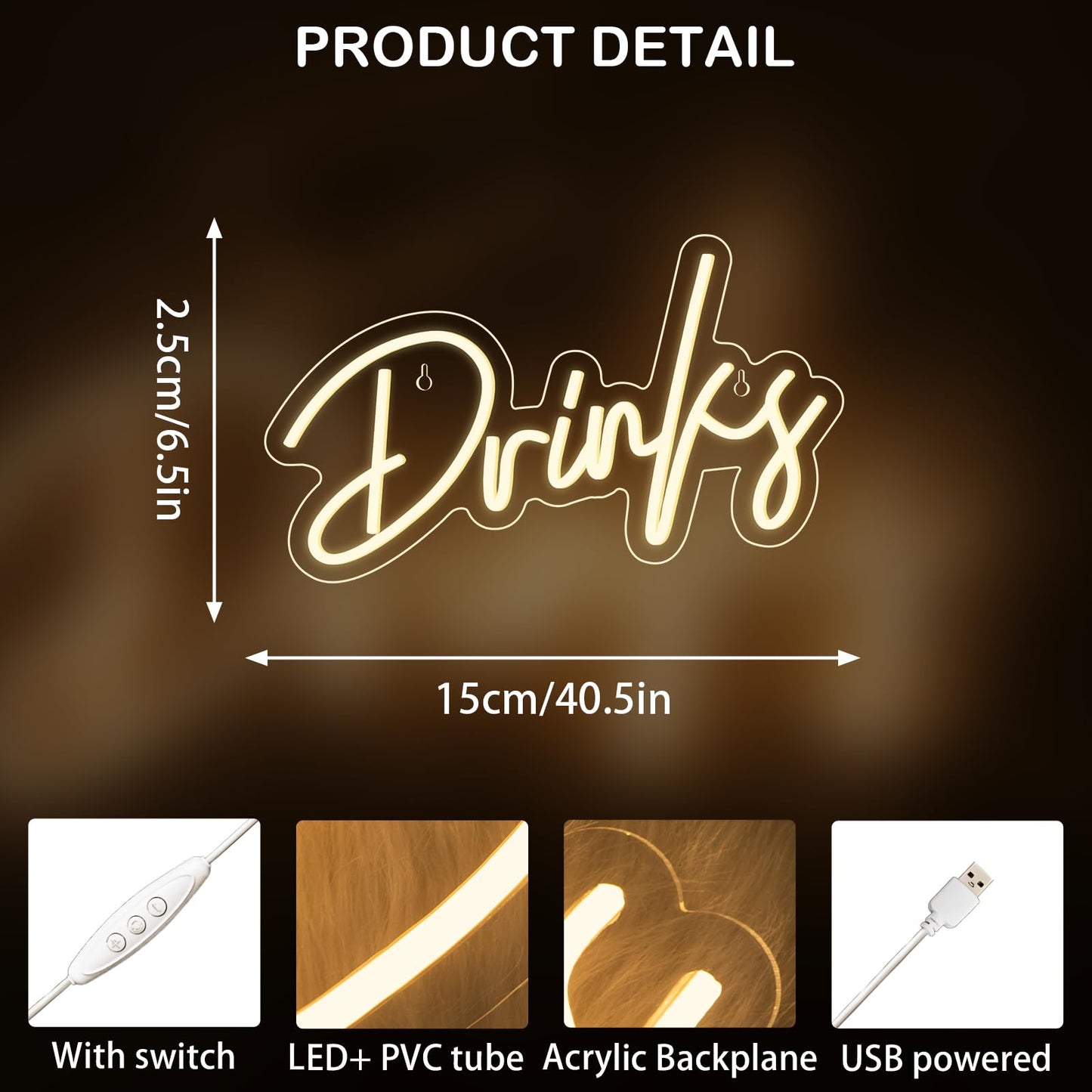 Looklight Drinks Neon Sign,Letters Bar Neon Light,Led Neon Signs for Wall Decor,Warm White Neon Light Sign,USB Light Up Sign for Kitchen Restaurant Bar Cart Accessories Christmas