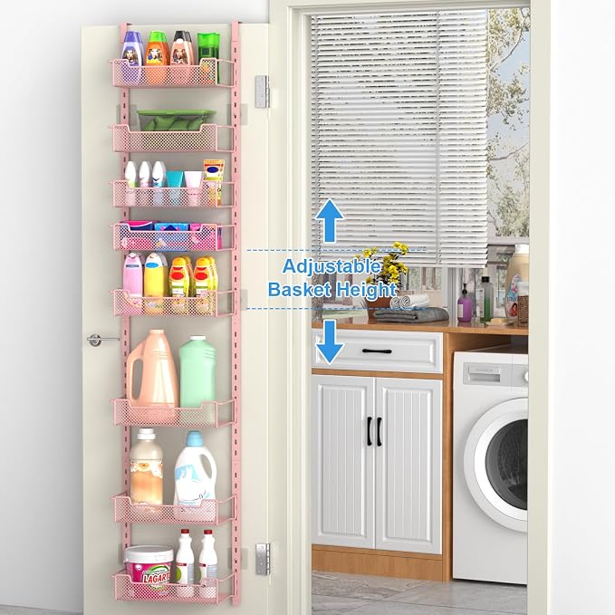VyGrow 12.3" W Narrow Over the Door Pantry Organizer, 8-Tier Over the Door Organizer with Adjustable Basket, Pantry Door Organization for Pantry Kitchen Storage Room Spice Rack, Pink