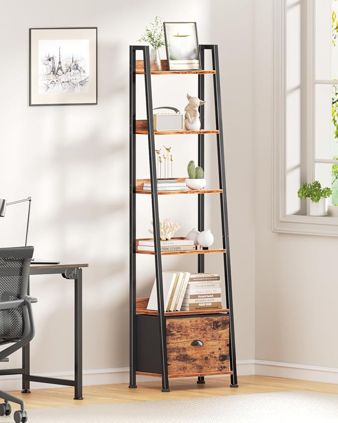Furologee Bookshelf Set of 2, 6-Tier Ladder Shelf, Ladder Bookshelf with Drawer, Set of 2 Bookshelves, Metal Storage Shelf for Living Room, Home Office, Bedroom, Balcony,Kitchen, Rustic Brown