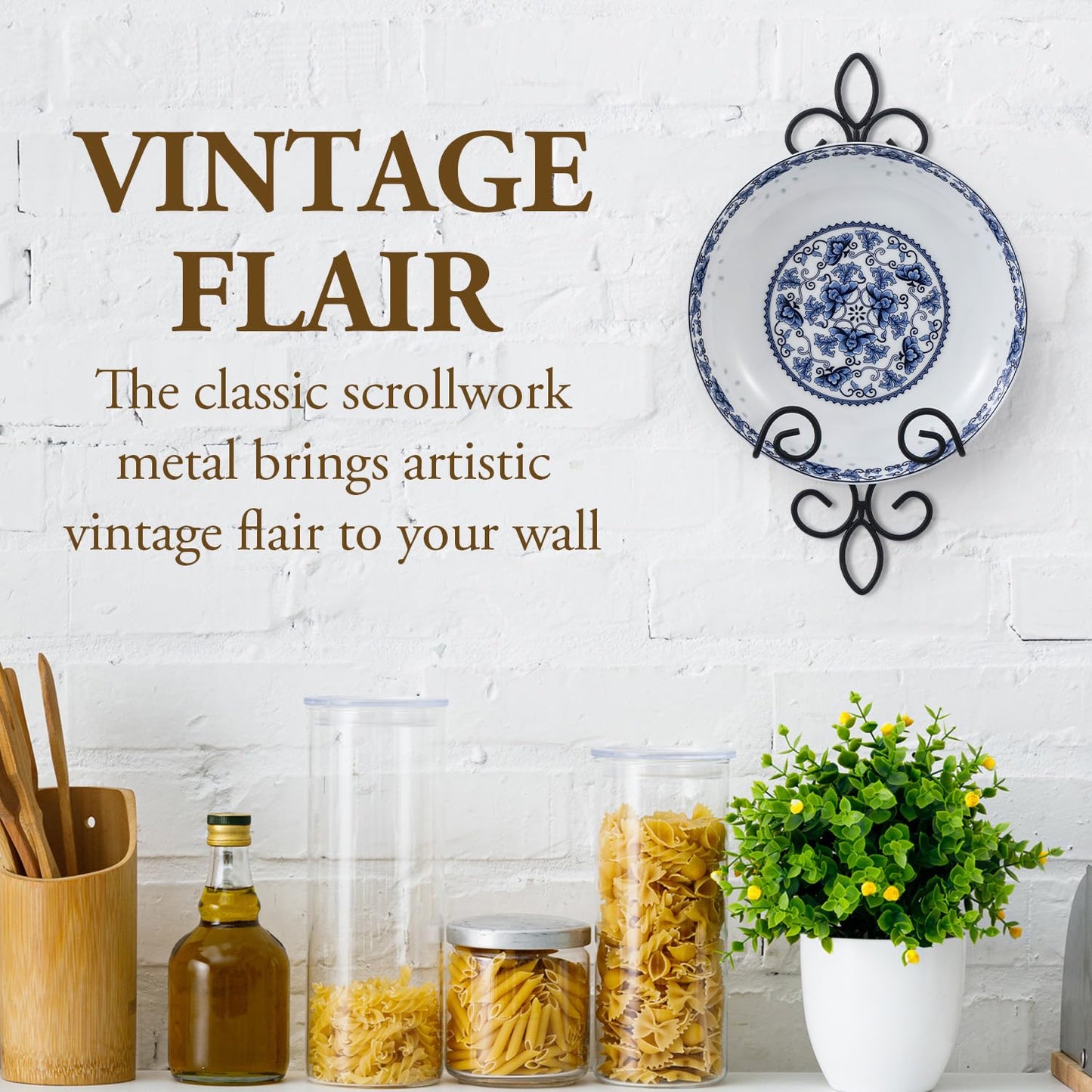 MyGift Wall Plate Hanger Holds Single 5.5 to 8 Inch Plates, Vertical Plate Holders, Decorative Metal Wire Platter Rack, Scrollwork Hanging Display Easel for Wall