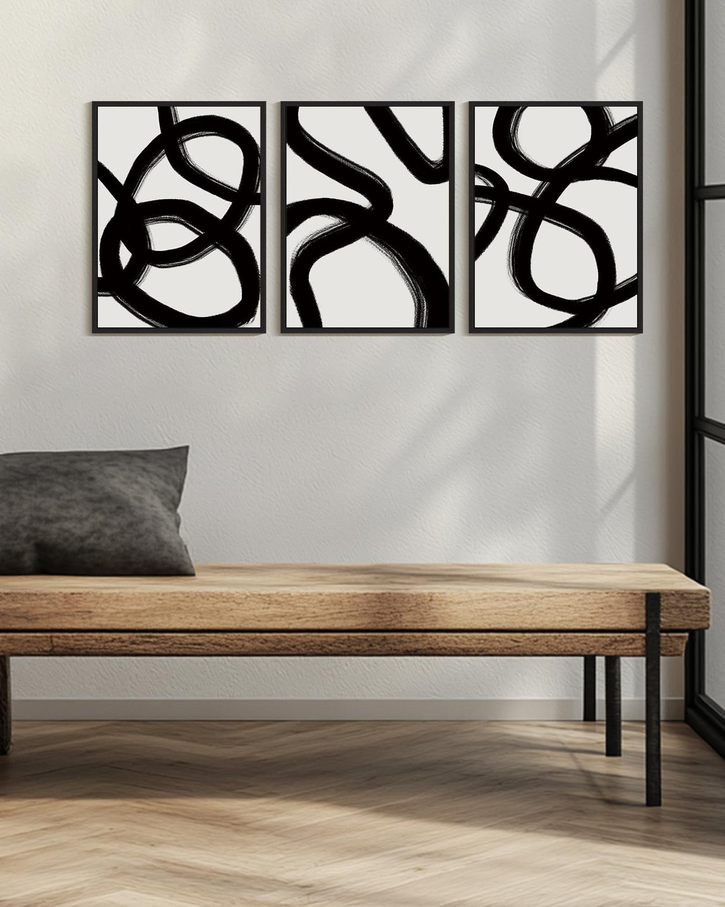 KUVIOKE Black and Grey Abstract Framed Wall Art Ink Wash Minimalist Lines Painting Artwork for Bedroom Hallway 12x16in (Black Framed)