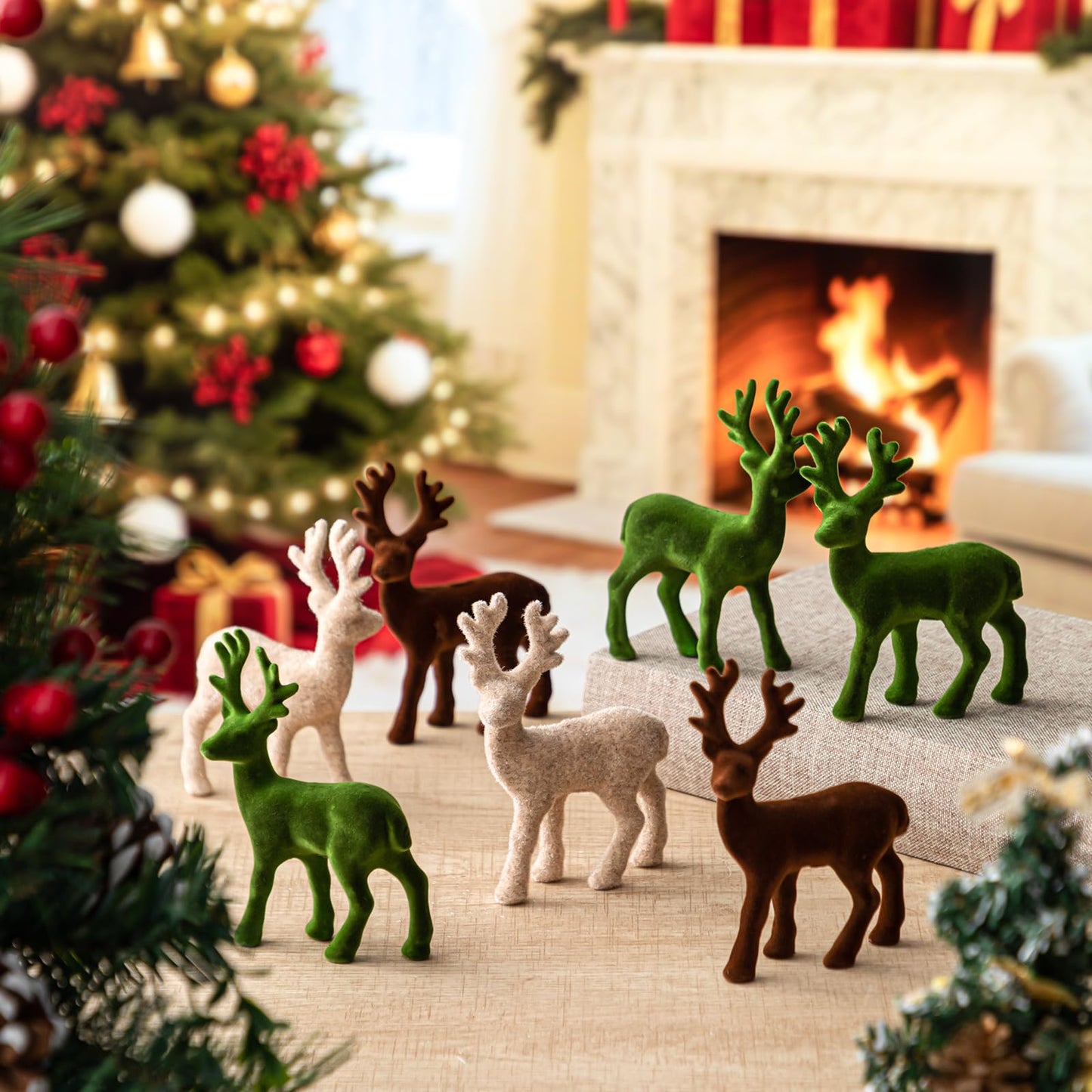 Yalikop 15pcs Reindeer Figurines Christmas Decoration Velvet Tabletop Ornaments Small Reindeer Mini Standing Deer Statues Elk Neutral Centerpiece for Home Office Fireplace Xmas Holiday Party Decor