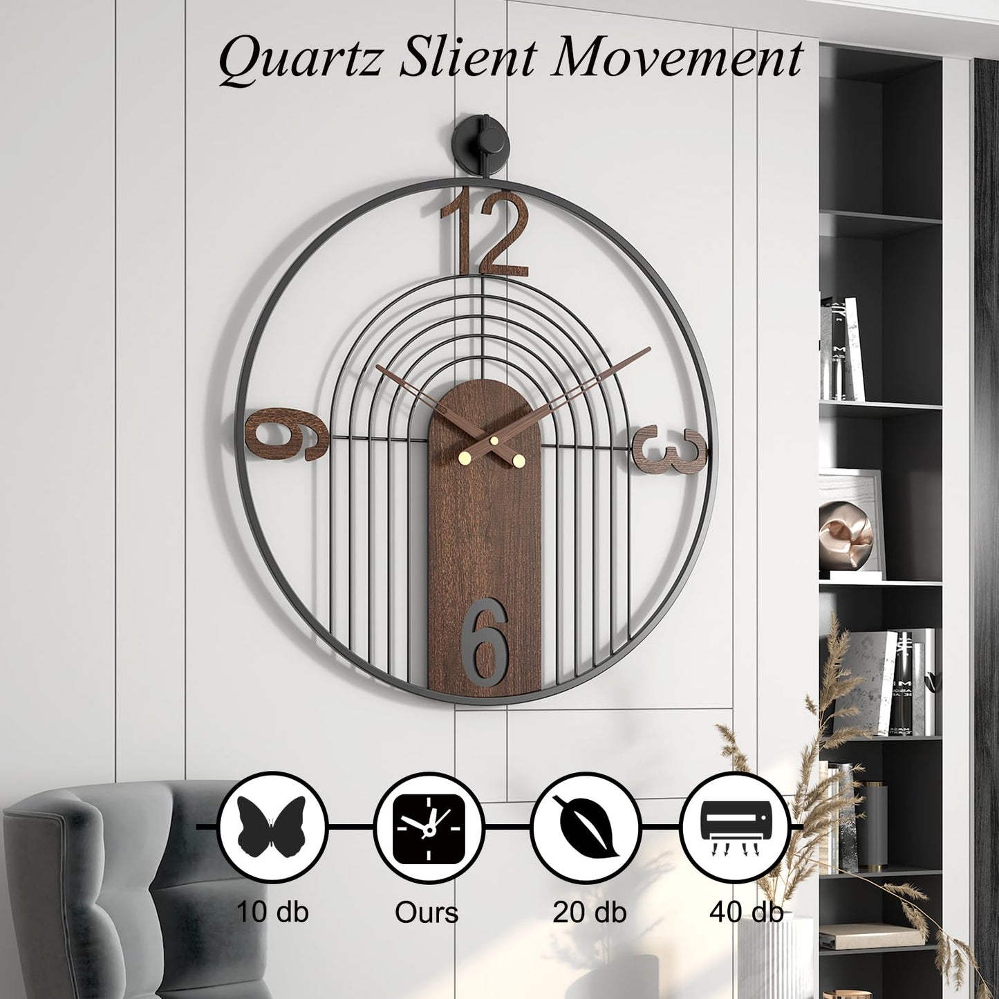 VIVIFLYSE Modern Large Walnut Dial Wall Clock, Wood Metal Frame Silent Non Ticking Wall Clocks Decoration for Living Room, Bedroom, Kitchen, Study, Handmade Home Decor Present Idea, 22 Inch
