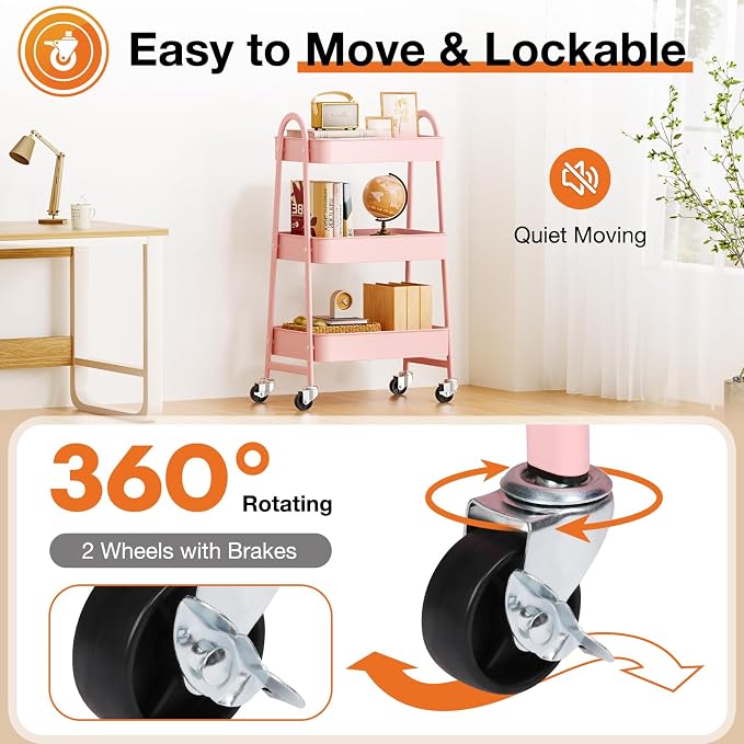 NEWBULIG 3-Tier Metal Rolling Storage Cart, Heavy Duty Mobile Utility Organizer Shelf with Lockable Wheels, Multifunctional Trolley for Daily Supplies, Home Indoor Daily Use, Pink
