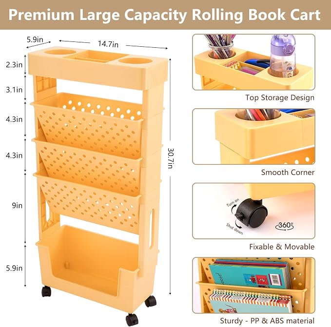 Yellow Rolling Office Paper Organizer, Mobile Book Cart Document Folder File Storage with Pen Holder, Slim Rolling Storage Cart Movable Bookshelf for Office, Dorm, Classroom, Nursery