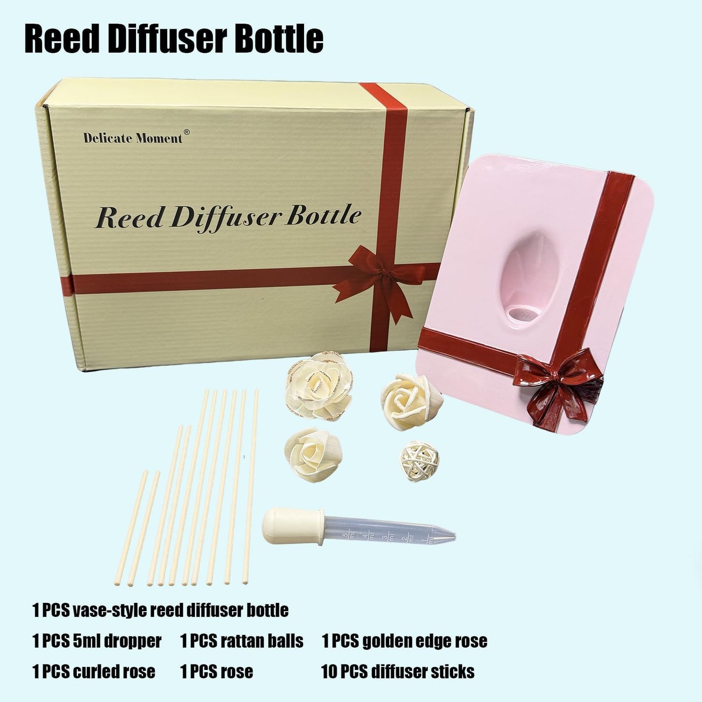 Empty Reed Diffuser Bottle Set, 20ml DIY Empty Diffuser Vessel with Rattan Sticks, Wood Flower, Rattan Ball & Dropper, Flameless Aroma Diffuser Accessories for Home Bathroom Office Bedroom Decor, Red