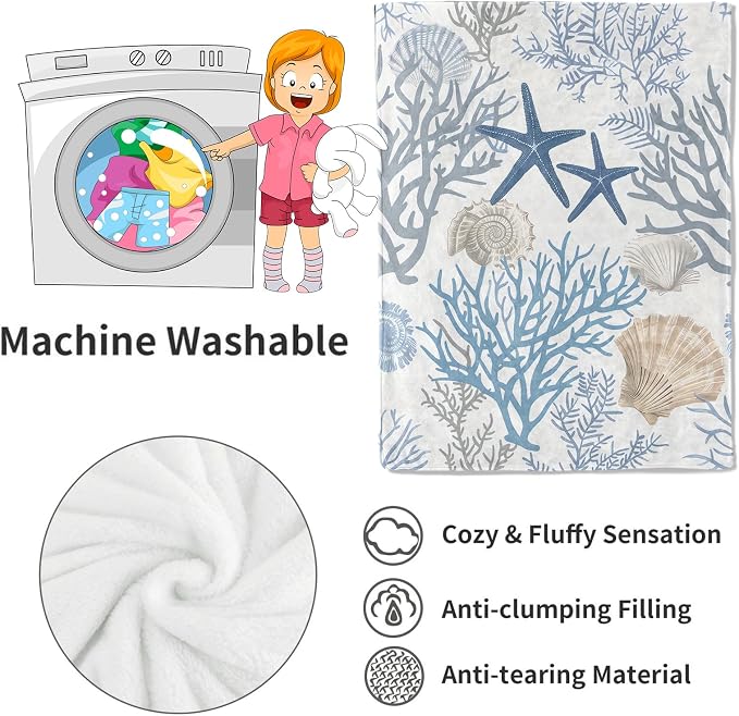 Nautical Coastal Blanket,Ocean Beach Seashell Starfish Throw Blankets,Gifts for Kids & Marine Life Lovers,Lightweight Soft Fleece,for Picnic Sofa Couch Bed Room Travel,Birthday Decor,60x80in