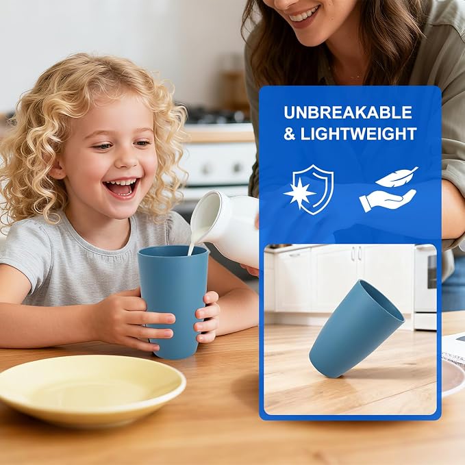 Large 20 OZ Wheat Straw Cups, Unbreakable Drinking Glasses Set of 6, Alternative to Reusable Plastic Cups, Dishwasher Safe Tumblers for Kitchen Outdoor Camping RV, Blue