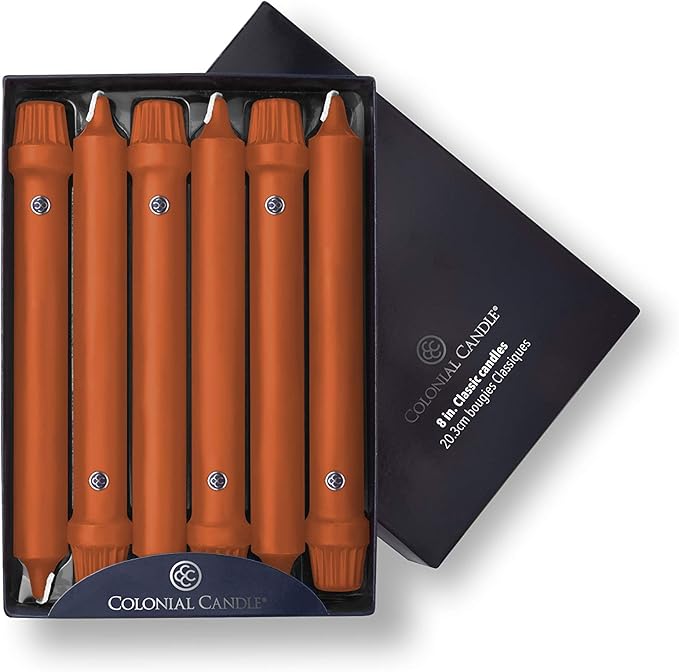 Colonial Candle Unscented Taper Candle, Classic Collection, Pumpkin, 8 In, Pack of 12 - Up to 6 Hours Burn