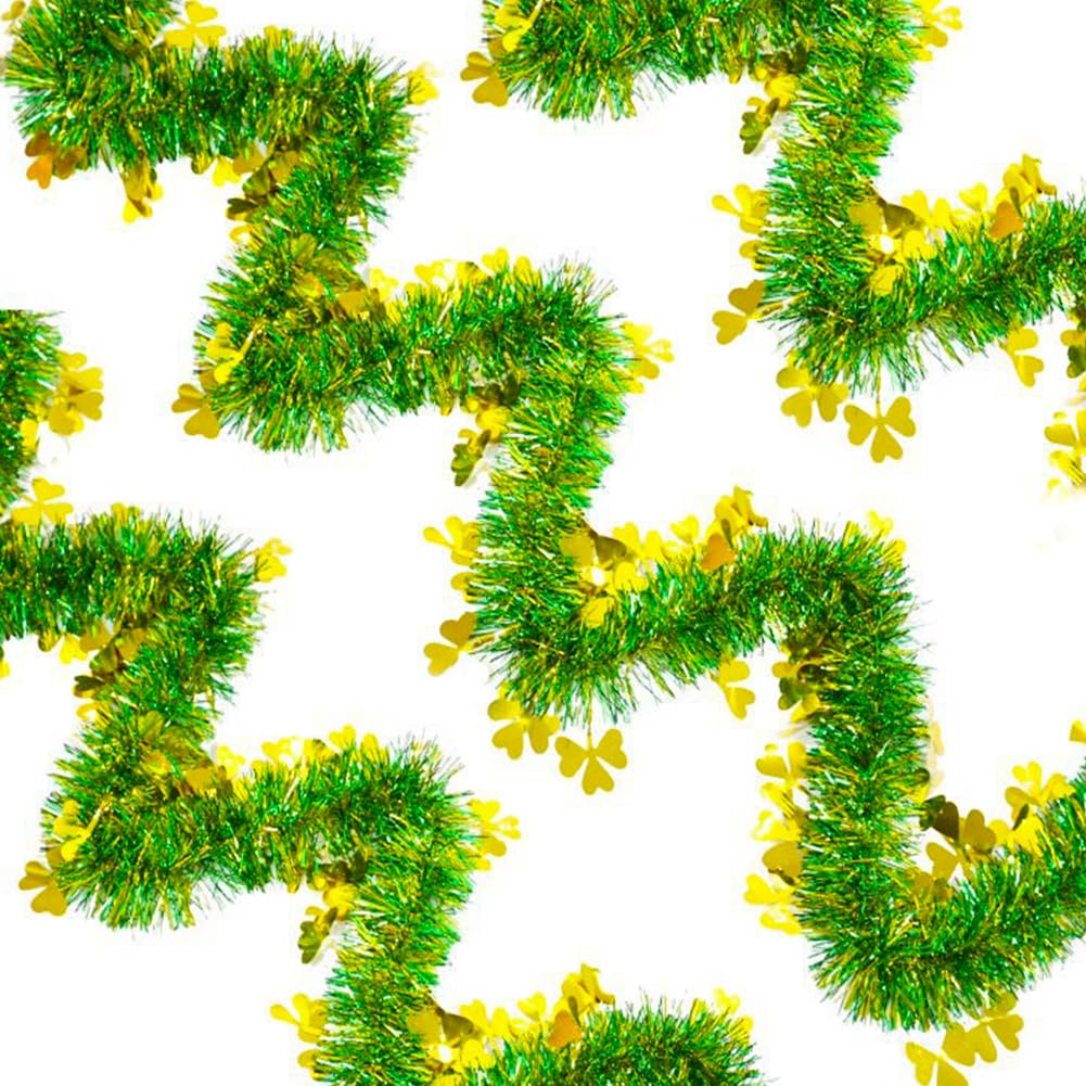 66 Ft St.Patrick's Day Tinsel Garland Decorations Shiny Thick Green Garland with Gold Shamrock Design Irish Holiday Clover Hanging Decor for Home Indoor Outdoo Saint Patrick's Day Party Supplies