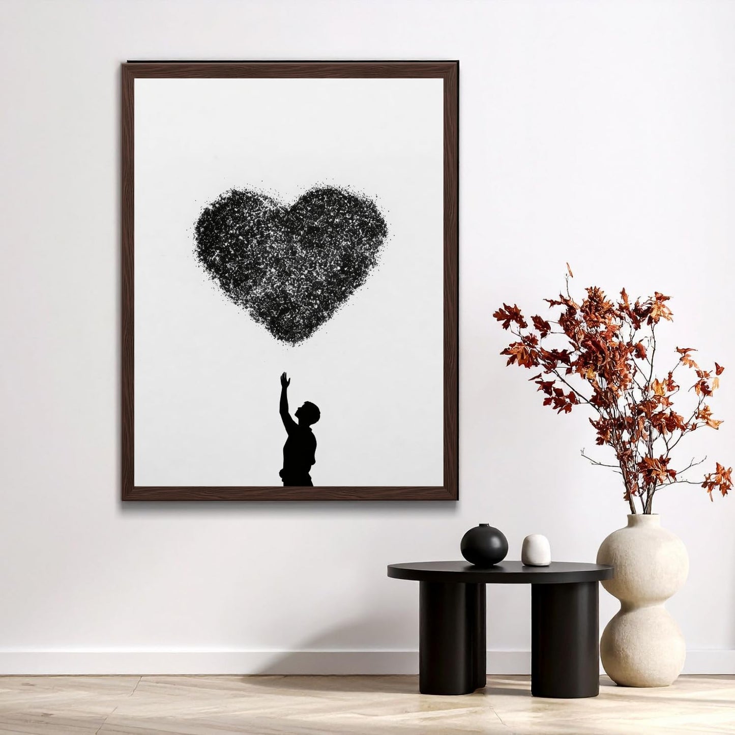 Lawrence Williams Designs Heart Silhouette Poster - Romantic Wall Art - Figure Reaching Toward Abstract Particle Heart Design - Modern Love Decor for Bedroom, Living Room or Office - 8x10 Unframed Print