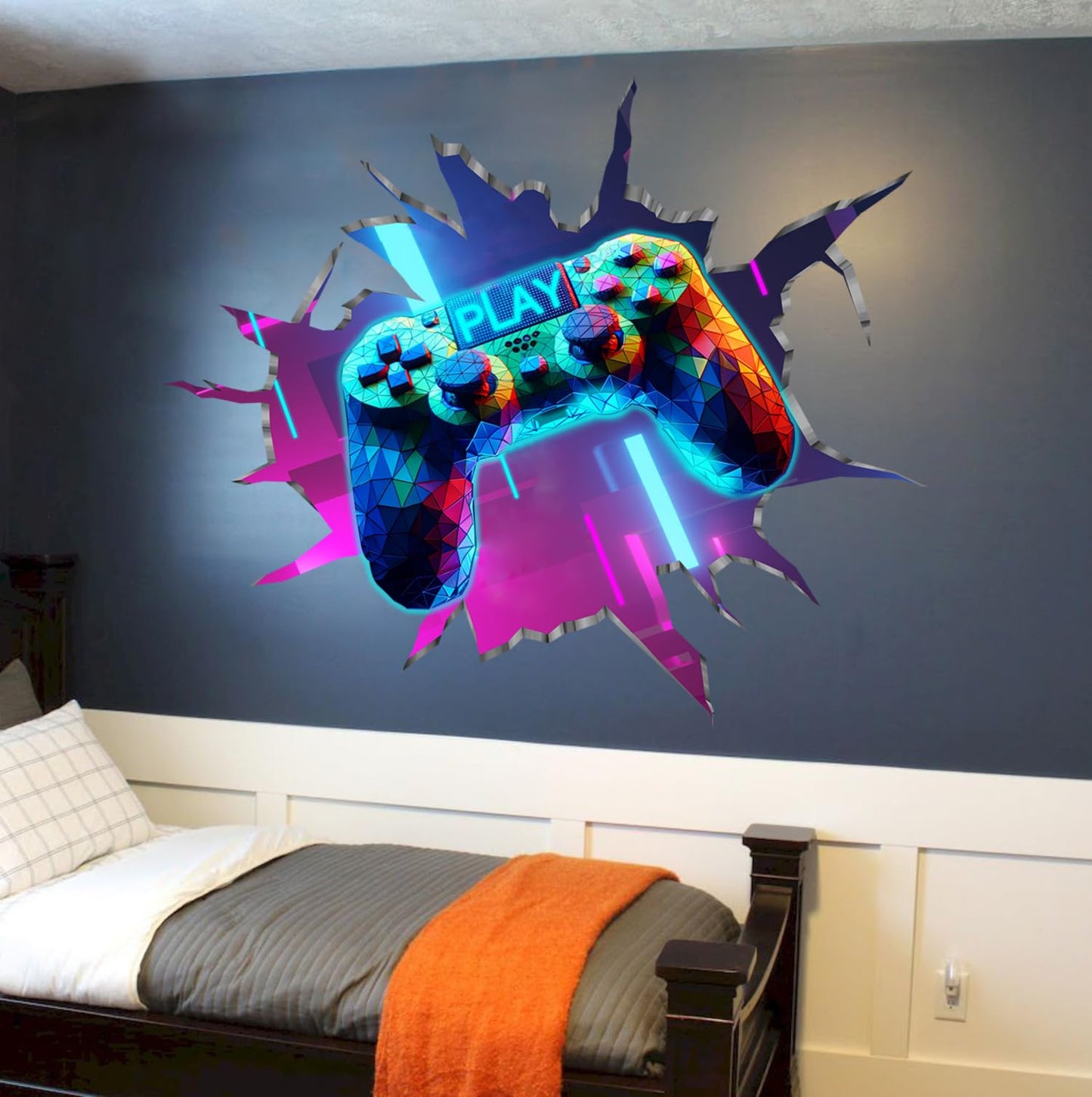 YIMEHDAN Large 3D Game Wall Decals (35.8”x32.4”), Gaming Break Through The Wall Vinyl Wall Stickers for Game Lover, Removable Video Games Artwork for Boys Playroom Bedroom Decor