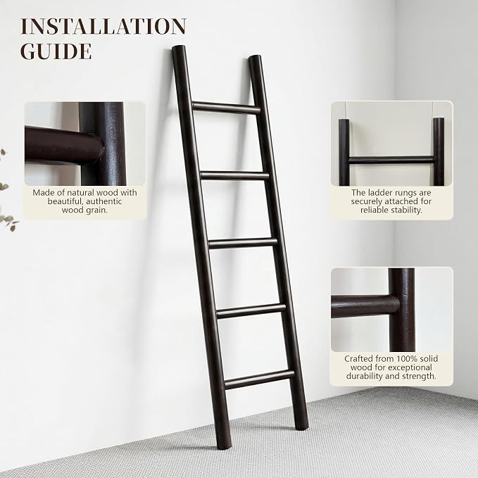 Wooden Blanket Ladder - 57in Natural & Motley Wood - Leaning Wall Decor for Bedroom, Bathroom, Living Room - Rustic Quilt Holder & Towel Rack (Dark Walnut, 57in | Fully Assembled)