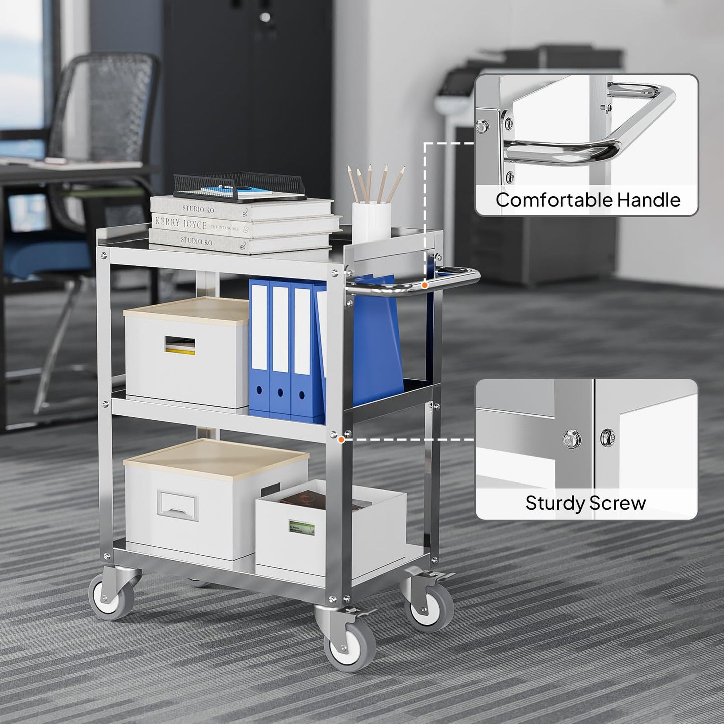 LEADZM 15"L x 24"W x 33"H Utility Rolling Cart on Wheels With Braker, 3-Tier Heavy Duty Commercial Storage Tool Serving Cart With Handle, Stainless Steel for Kitchen Home & Business, Silver