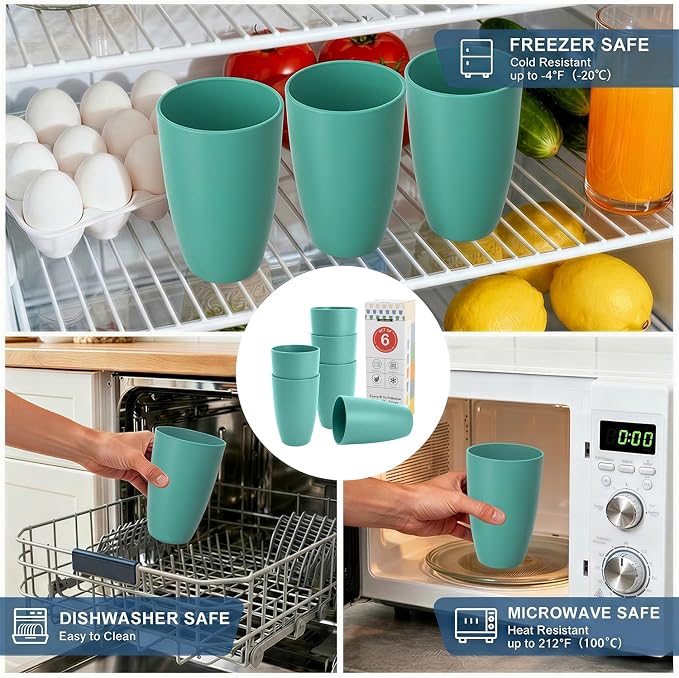 20 OZ Large Wheat Straw Cups Set of 6, Unbreakable Reusable Plastic Cup Alternative, Dishwasher Safe Drinking Cups & Tumblers for Kitchen, Outdoor, Green