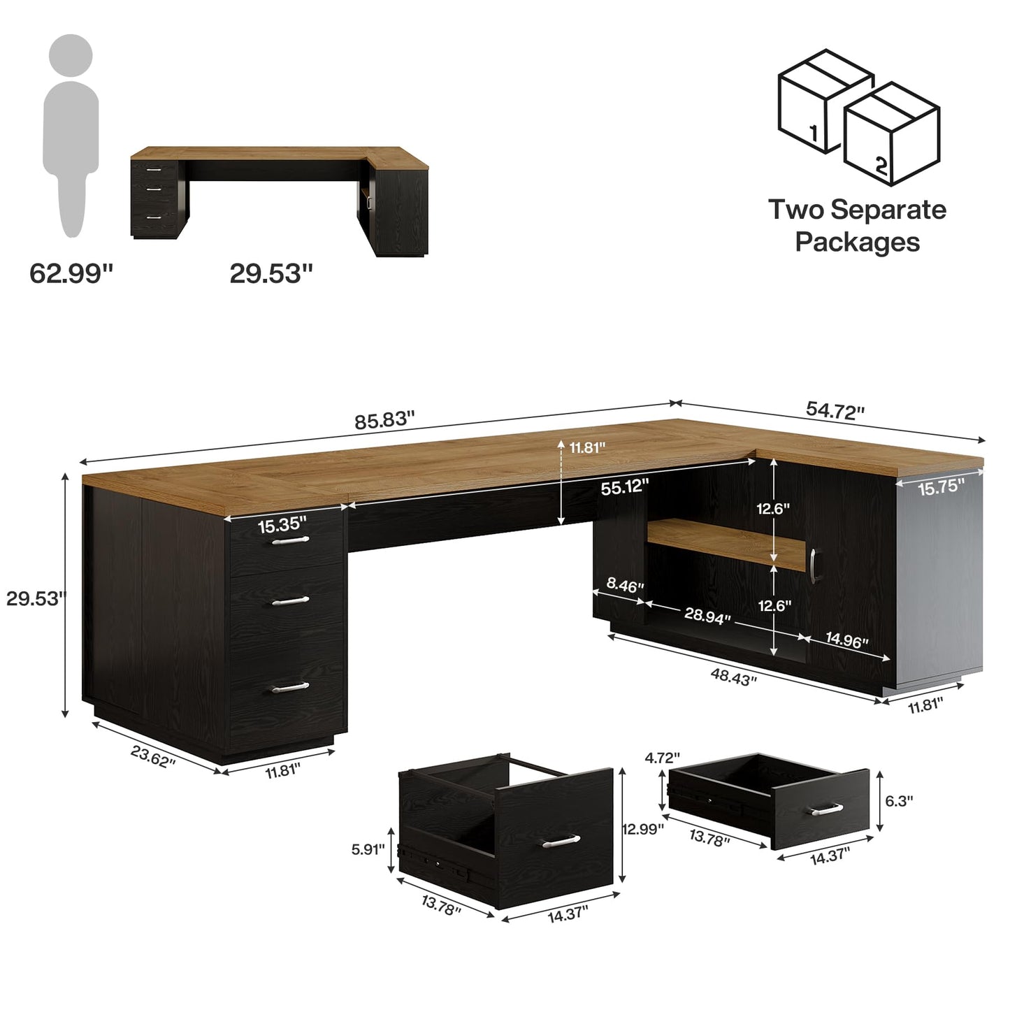 Tribesigns 85.8-Inch L-Shaped Executive Office Desk with File Drawers & Storage Cabinet, Professional Corner Computer Desk Extra Large Business Workstation with Adjustable Shelves (Light Brown&Black)