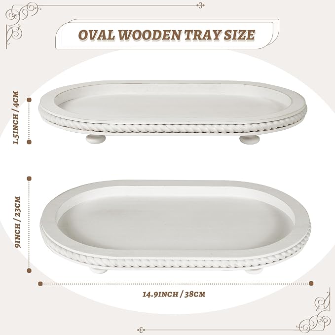 Urban Deco Oval Wooden Tiered Tray, Farmhouse Vintage Decorative Tray Stand for Coffee Table, White Serving Tray for Living Room Kitchen Home Decor - 1 Pack