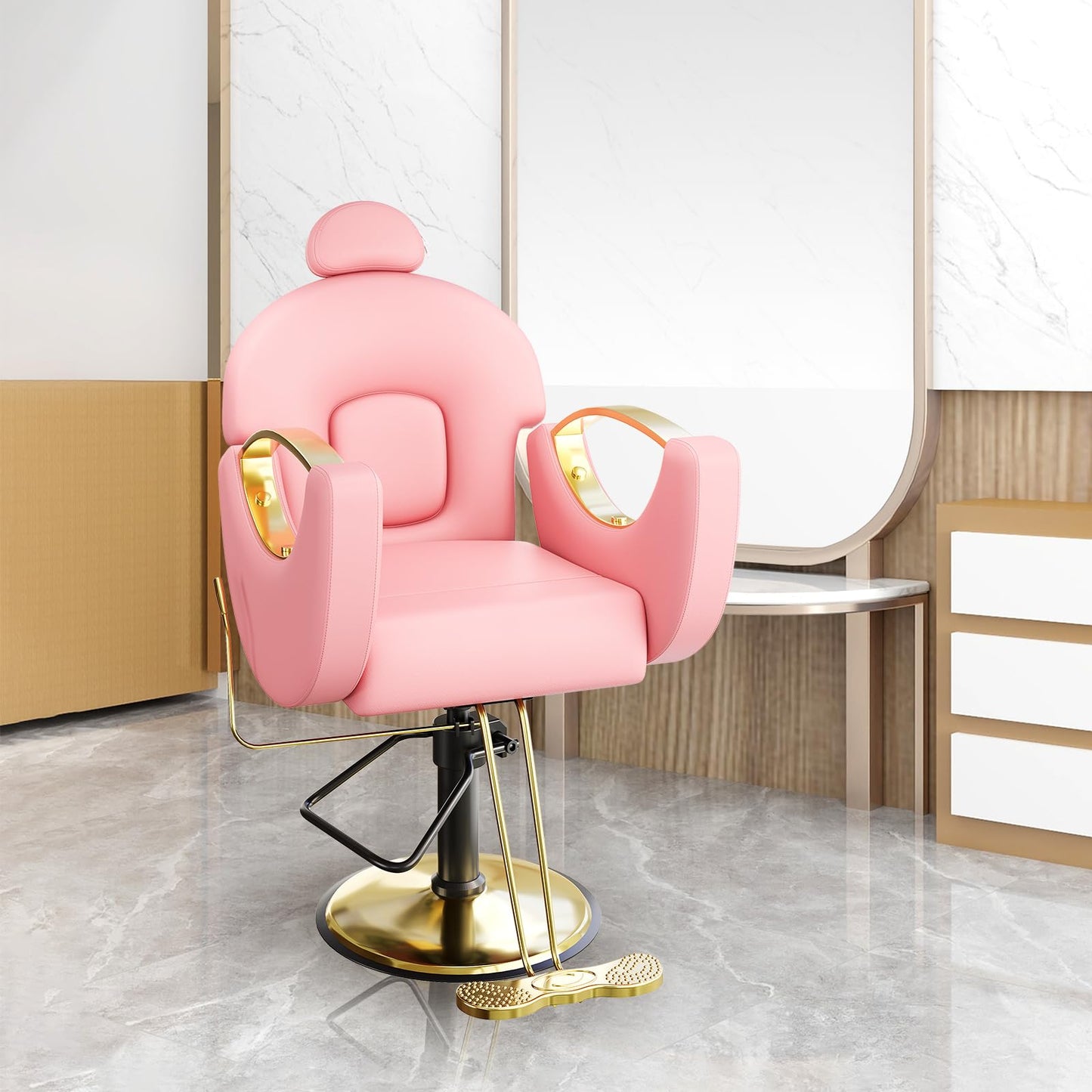 MegaChoice Barber Chair, Reclining Salon Chair, 360° Rotation, Multi-Functional Height Adjustable Hydraulic Chair for Salon, Barbershop, Spa, Pink