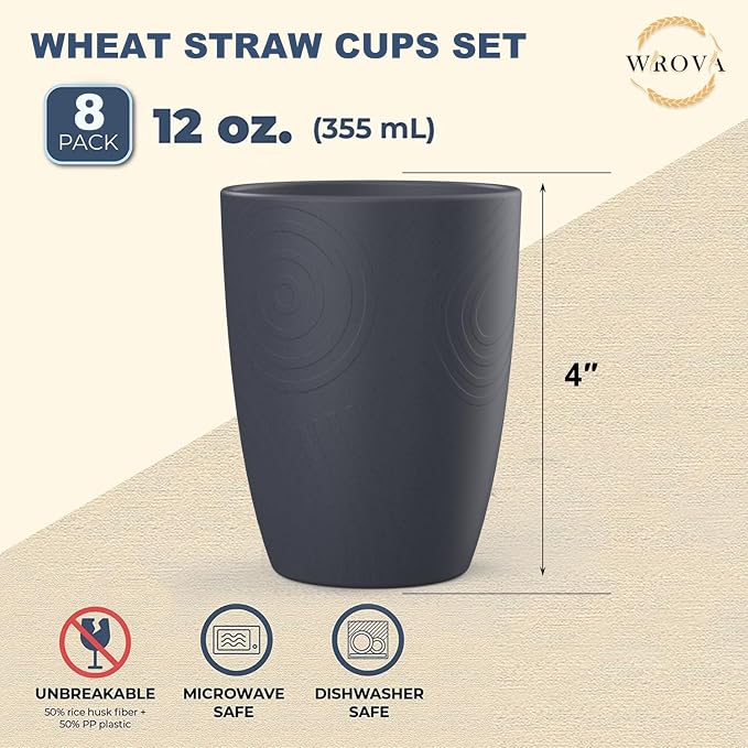 Wrova Wheat Straw Cups 8 PCS Good Alternative to Plastic Reusable Cups 12 oz Unbreakable Drinking Cup Reusable Dishwasher Safe Water Plastic Glasses Deep Grey