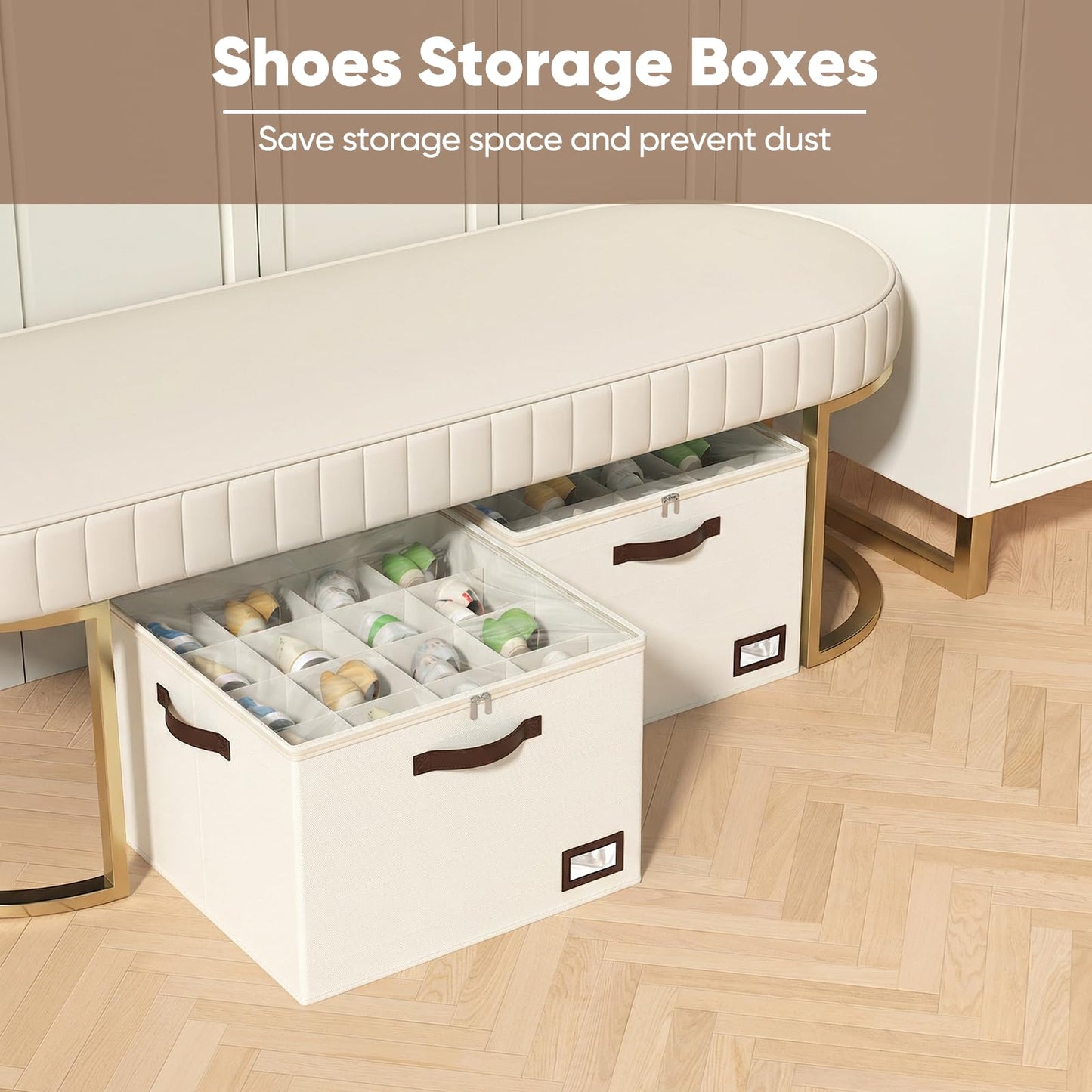 OIAHOMY 2 Pack Shoe Organizer for Closet, Large Foldable Shoe Storage Bins with Dividers and Reinforced Handles, Each Clear Cover Sneaker Box Fits Up to 16 Pairs for Entryway and Bedroom, Beige
