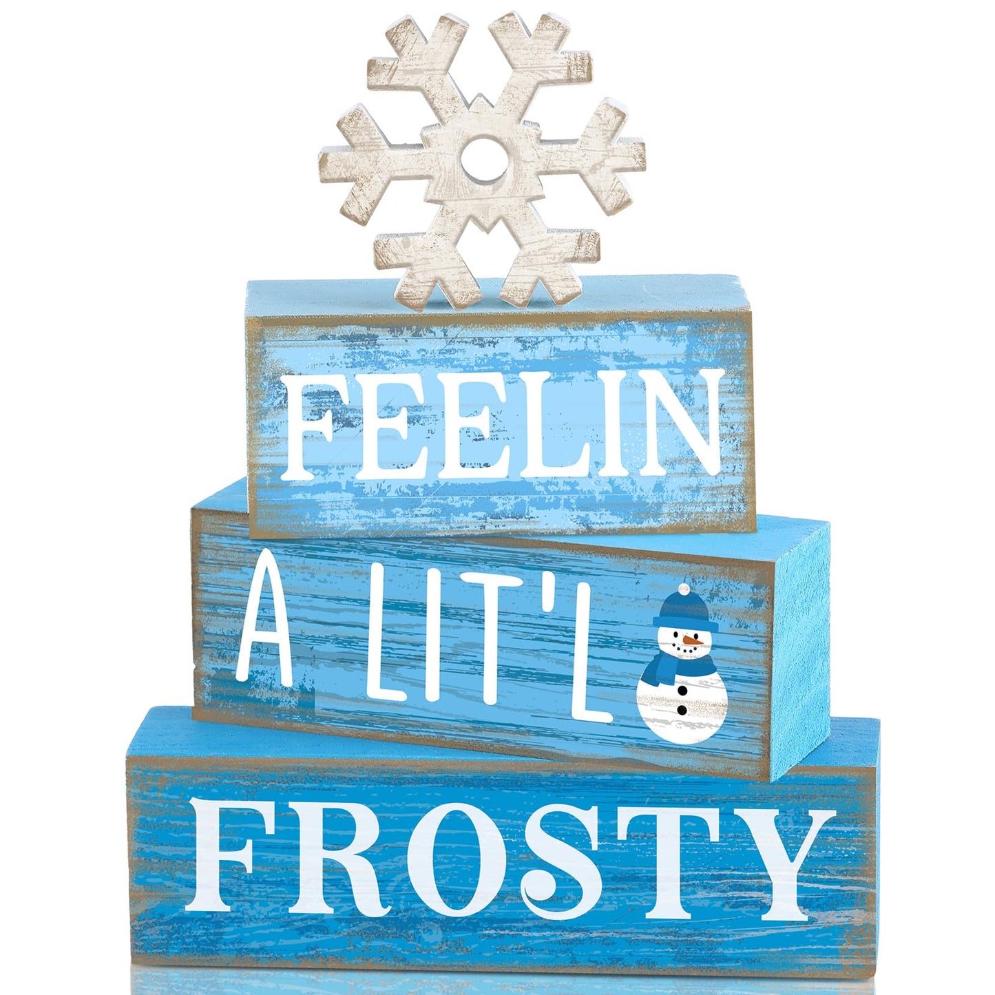 Yuntau 4 Pcs Winter Wooden Tabletop Decor Christmas Snowflake Tiered Tray Decor Rustic Wood Block Sign Gift Winter Centerpiece for Shelf Office Farmhouse Table Frozen Birthday Party Decoration