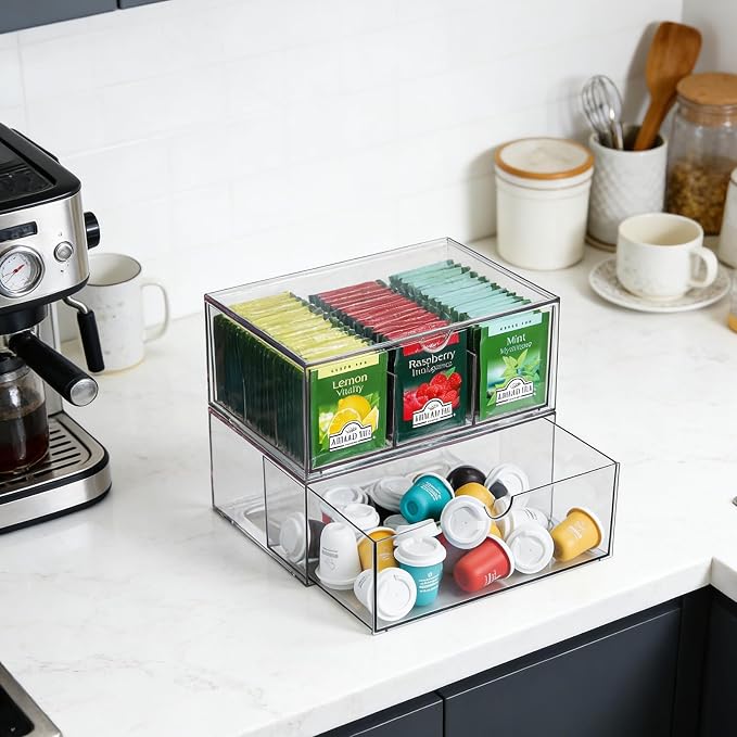 CLUQMEIK 2 Acrylic Tea and Coffee Organizer, 9 Grids Tea Bag Organizer Box and 1 Compartment Coffee Pod Storage Box, Acrylic Drawers Stackable Design Suitable for Storing Pods Creamers Sugar Packets