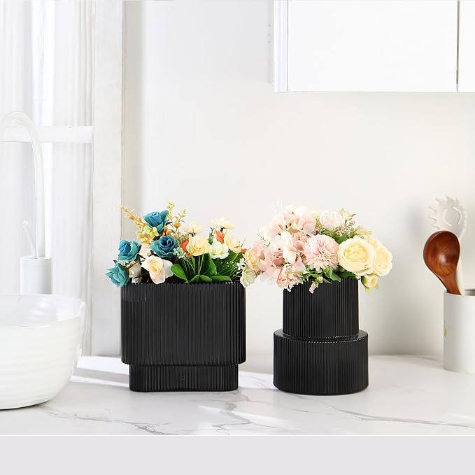 Black Glass Vases, Set of 2 Ribbed Glass Vases for Flowers, Modern Vase for Tulips, Black Vase for Living Room, Dining Table, Office, Entryway, Mantle, Bookshelf, Wedding Gifts