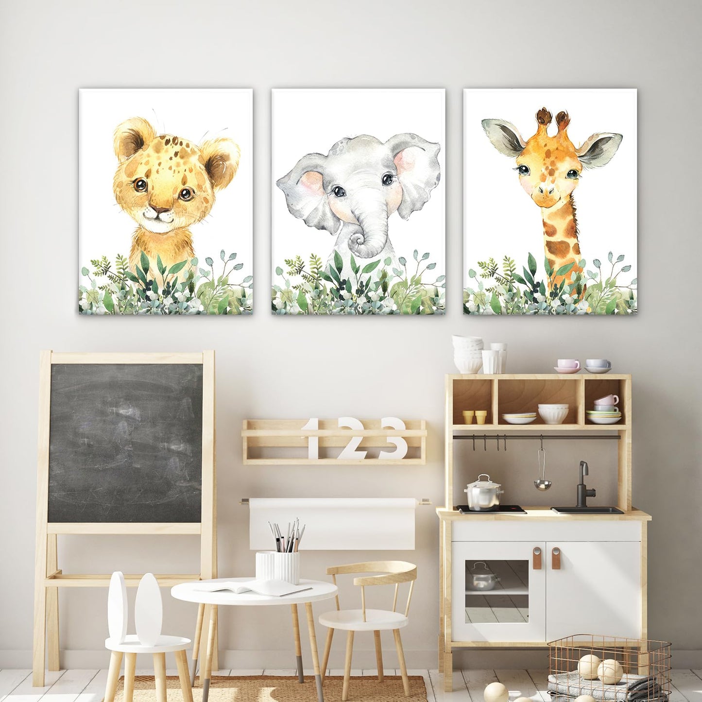 Baby Safari Nursery Wall Decor - Set of 3 Pictures Cute Animal Wall Prints on Canvas Jungle Nursery Safari Decor Gifts for Baby Boys and Girls Room, Framed Wall Art 12 x 16 Inch