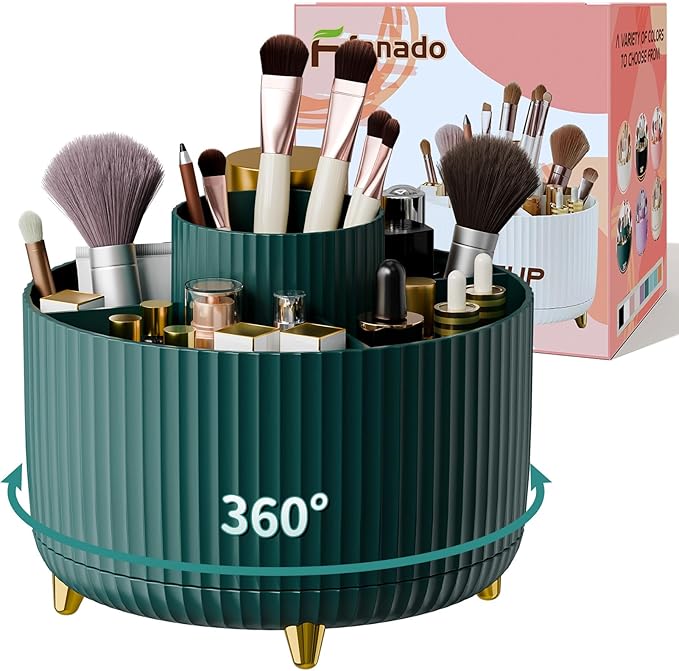 fanado 360° Rotate Makeup Brush Holder Organizer, Makeup Organizers Countertop, Makeup organization and Skincare Storage for Vanity, Desktop, Bathroom (Green)