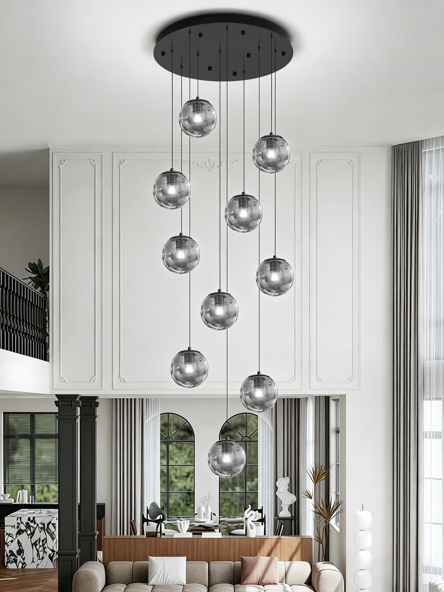 ykolupty H138 Modern Smoke Glass Globe Chandelier Large Chandeliers for High Ceiling 10-Lights Entryway Modern Lighting Fixture Glass Globe Pendant Light for Living Room Foyer Hallway